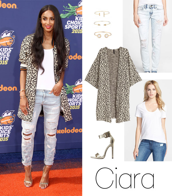 Ciara's leopard coat and distressed jeans look for less