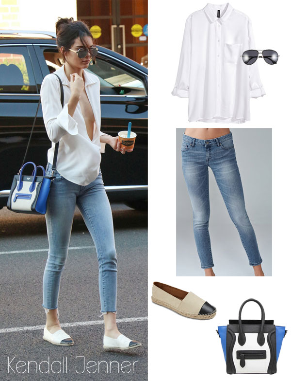 Kendall Jenner's white blouse, skinny jeans, cap toe espadrilles and Celine mini luggage tote look for less