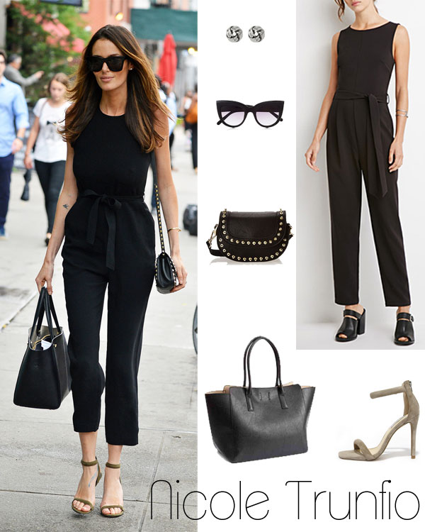Nicole Trunfio's black jumpsuit and ankle strap heels look for less