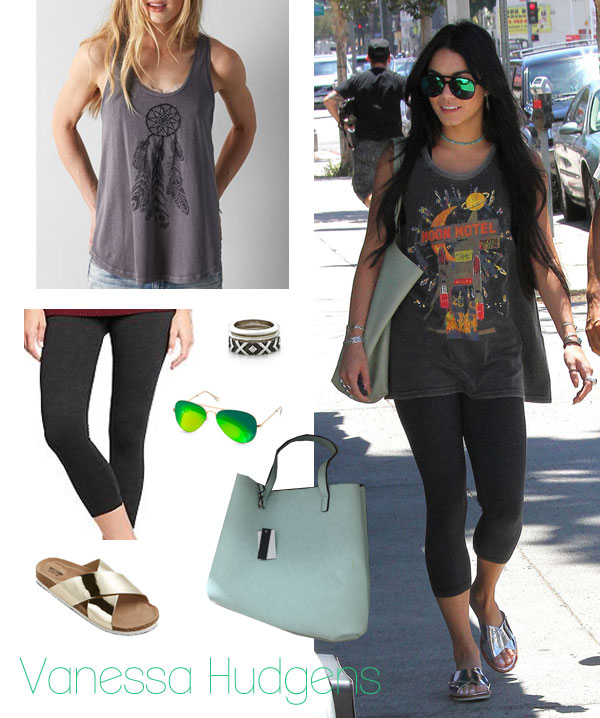 Vanessa Hudgens' muscle tank, leggings and silver slides look for less