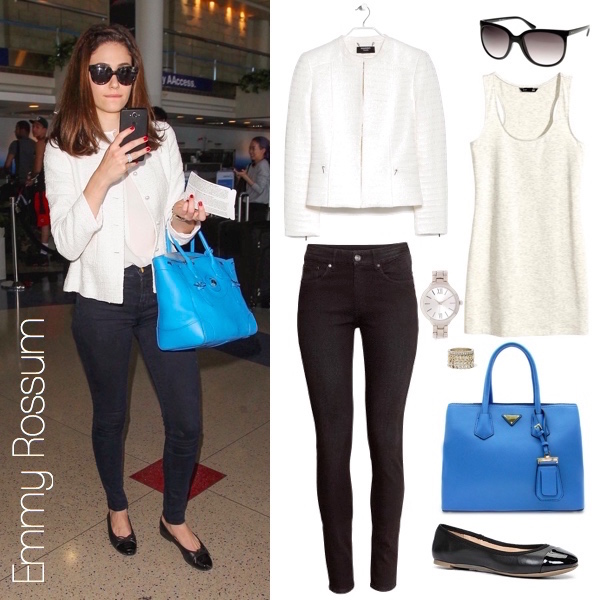 Emmy Rossum bright blue bag, white jacket, and skinny jeans