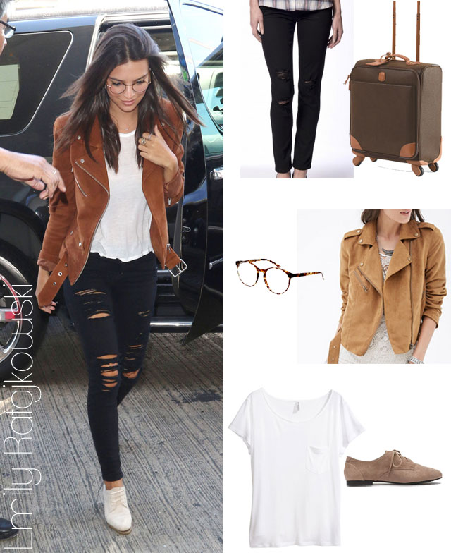 Emily Ratajkowski's suede jacket, distressed black skinny jeans and taupe oxford lace-up shoes look for less
