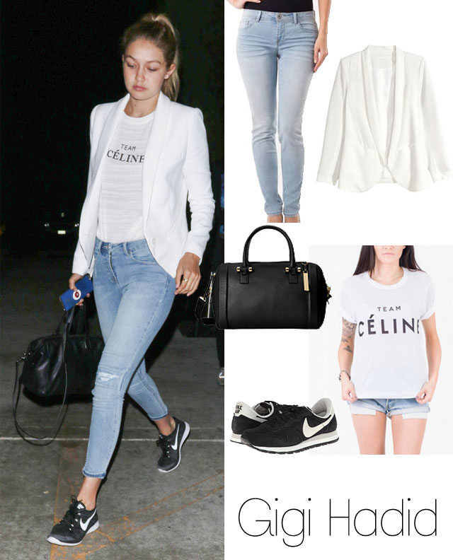 Gigi Hadid's Team Celine tee, white blazer, skinny jeans and Nike trainers look for less