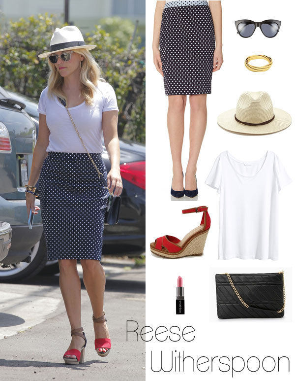 Reese Witherspoon's casual preppy style featuring a polka dot pencil skirt, white t-shirt and red and tan wedge sandals.