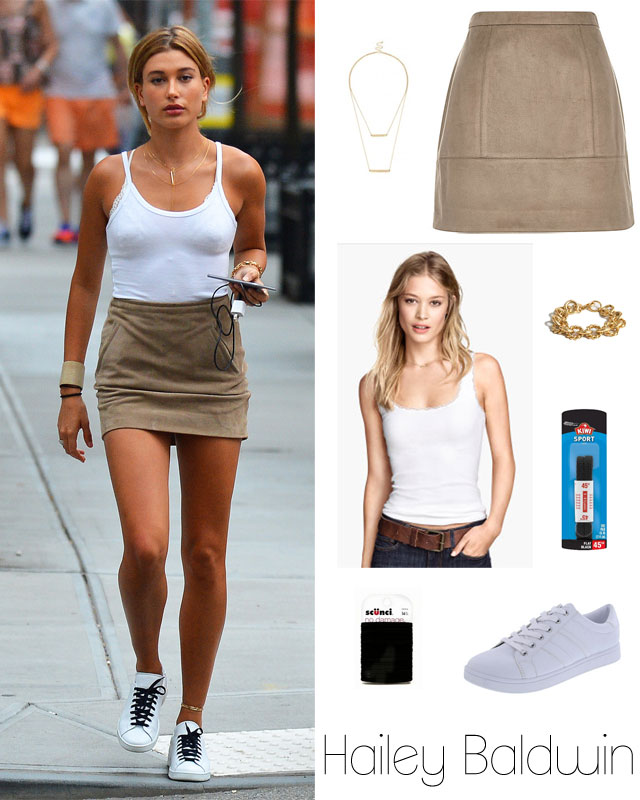 Hailey Baldwin's white tank top, tan suede skirt and white sneakers look for less