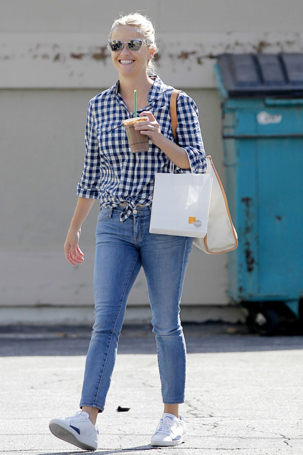 Reese Witherspoon's gingham shirt, jeans and white sneakers