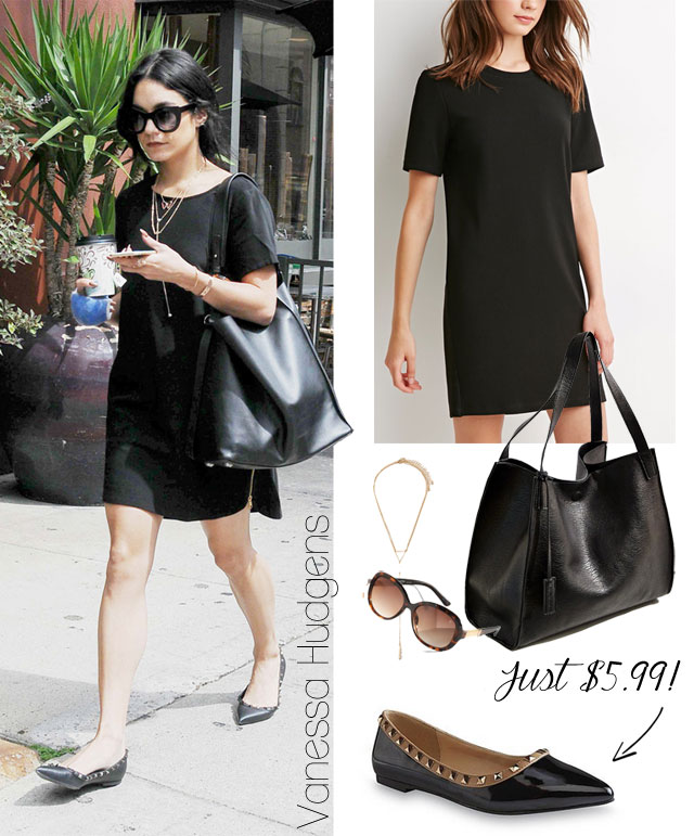 Vanessa Hudgens grabs coffee in a black shift dress, black leather oversized tote bag and Valentino Rockstud flats