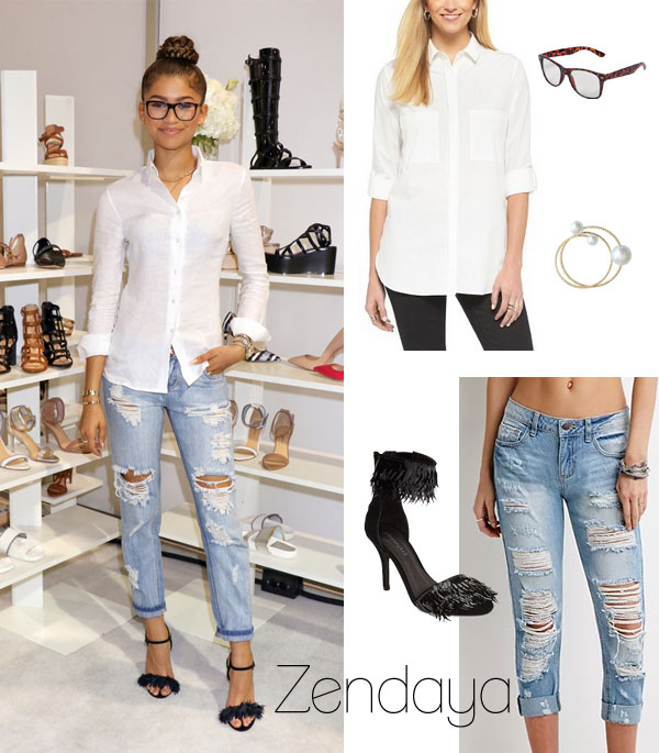 Zendaya Coleman wears a white button down shirt, destroyed denim and strappy heels for the debut of her new shoe collection, Daya.