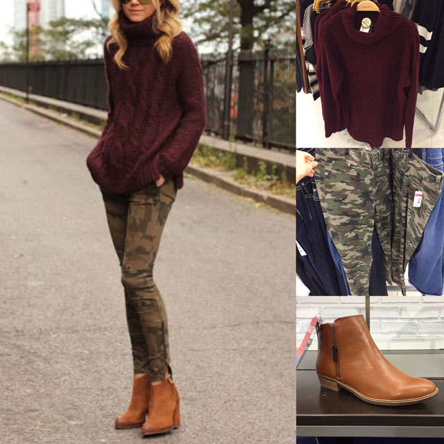 Fall outfit featuring burgundy sweater, camo pants and cognac ankle boots