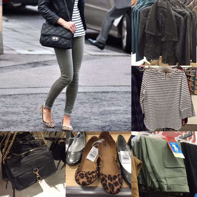 Fall outfit idea featuring a leather jacket, striped top, olive skinnies, leopard flats and black crossbody bag