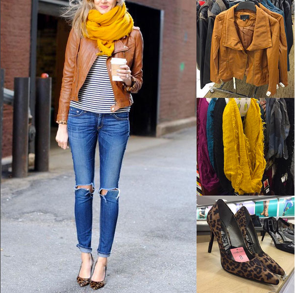 Fall outfit inspiration featuring mustard scarf, cognac leather jacket, striped top, distressed jeans and leopard pumps