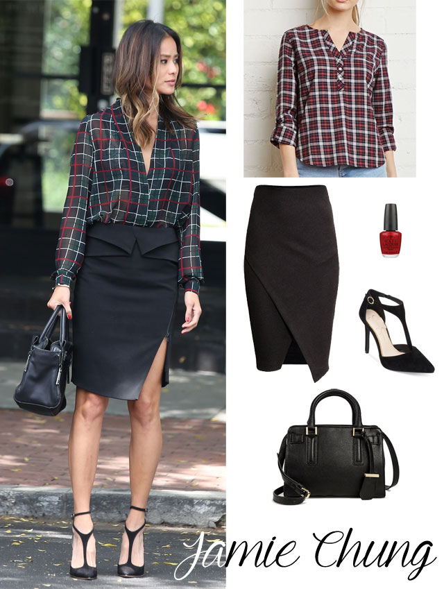 Jamie Chung's plaid blouse, peplum black pencil skirt, black t-strap pumps and black satchel look for less