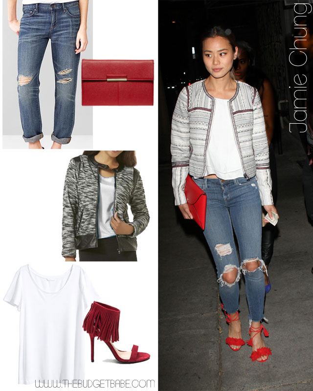 Jamie Chung's tweed jacket, boyfriend jeans and red accessories outfit idea