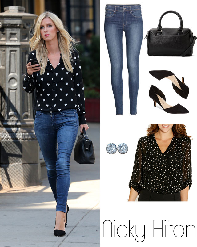 Nicky Hilton's heart print blouse and skinny jeans outfit