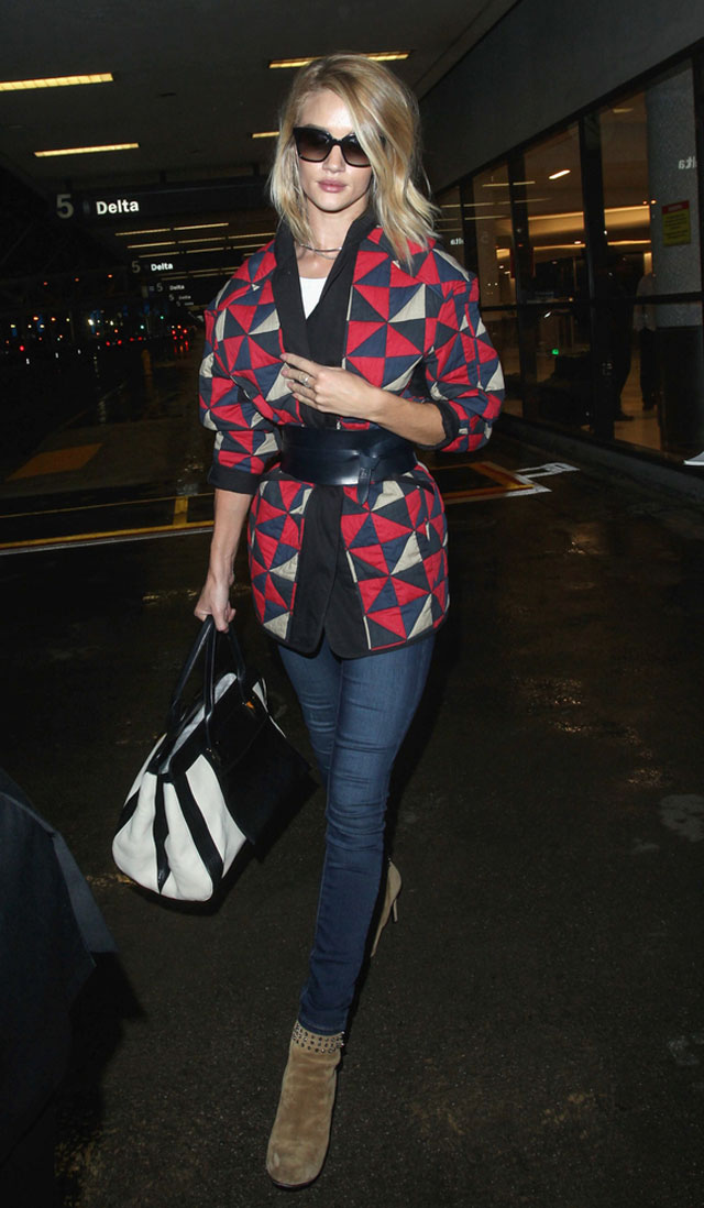 Rosie Huntington-Whiteley's geo print cardigan coat and ankle boots outfit