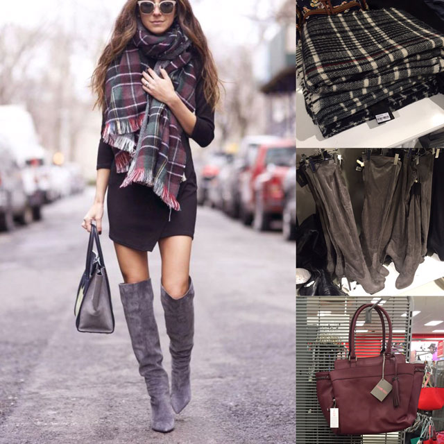 Fall outfit featuring LBD, blanket scarf and over the knee boots
