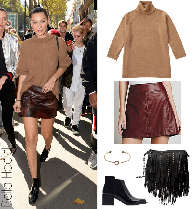 Bella Hadid's camel sweater, burgundy mini leather skirt and black ankle boots