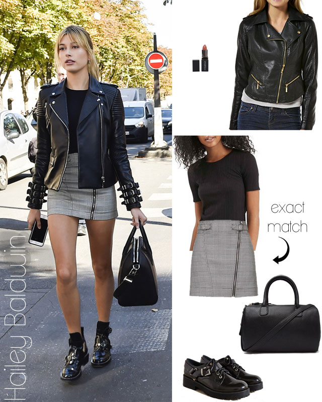 Hailey Baldwin's leather jacket, mini skirt and buckled brogue ankle boots look for less