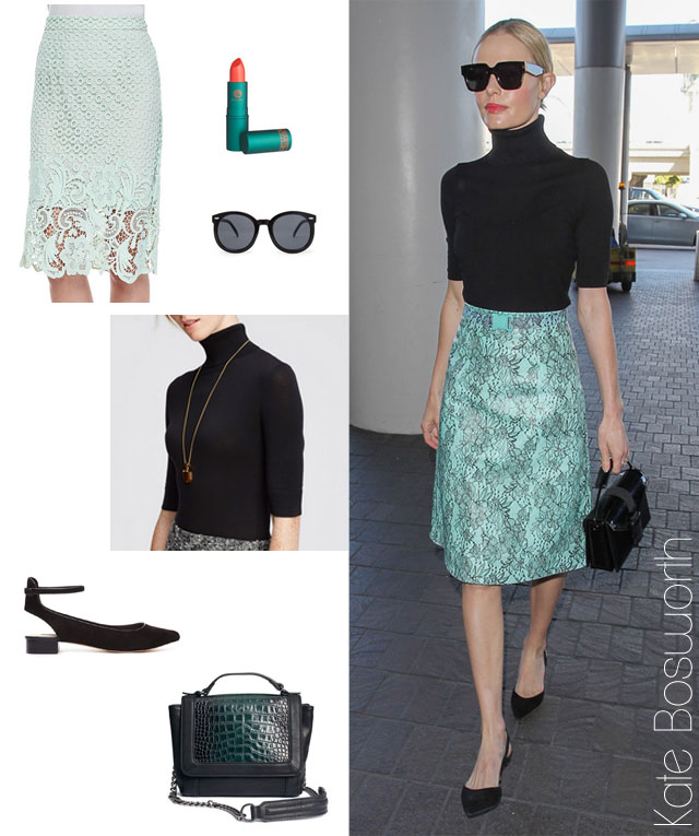 Kate Bosworth's mint lace pencil skirt and black short sleeve turtleneck look for less