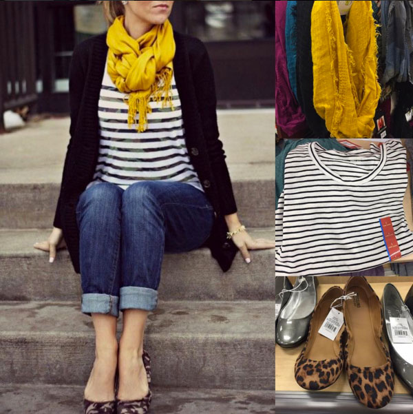 Fall outfit idea featuring yellow scarf, striped top, black cardigan, boyfriend jeans and leopard flats