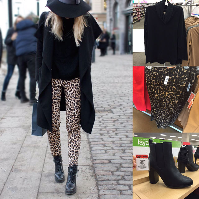 Fall outfit idea featuring Old Navy leopard pants, black ankle boots, black hat and black sweater