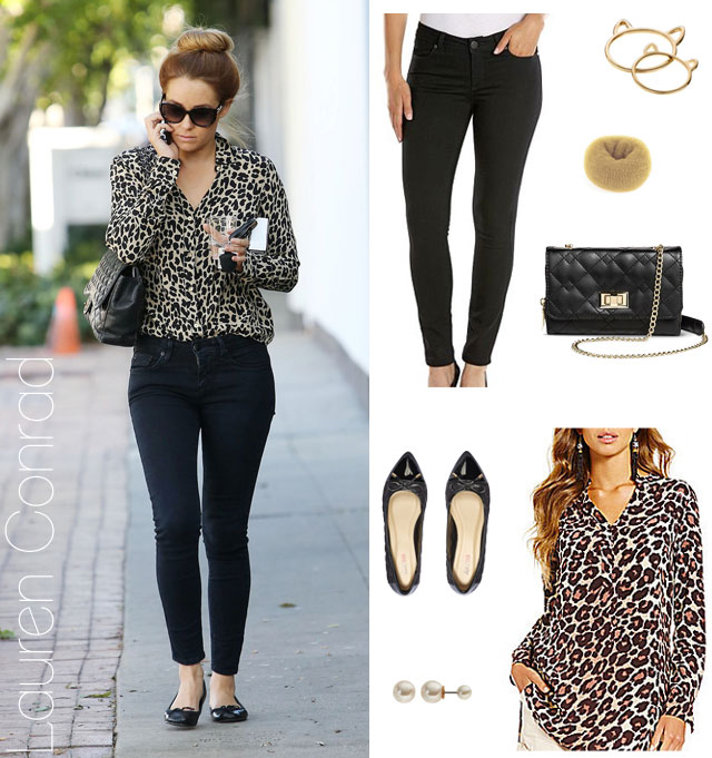 Lauren Conrad's leopard blouse and black skinny jeans look for less
