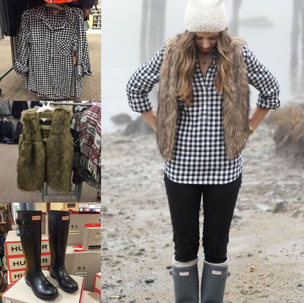 Fall outfit inspiration featuring check shirt, fur vest and Hunter wellies