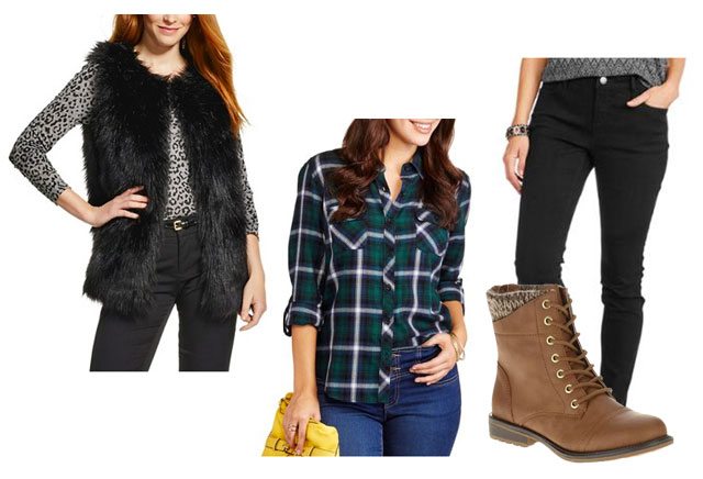 Fur vest, plaid shirt and lace-up boots outfit idea on a budget