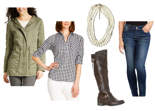 Cute and trendy fall outfit idea featuring check shirt, cargo jacket and pearls