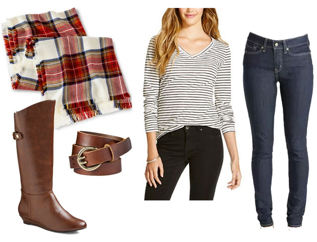 Cute and trendy fall outfit idea featuring plaid blanket scarf, striped shirt and wedge boots