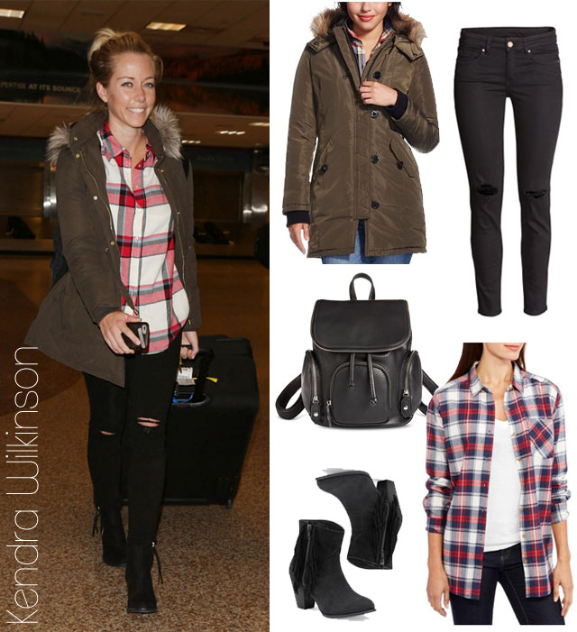 Kendra Wilkinson's plaid shirt and olive parka look for less