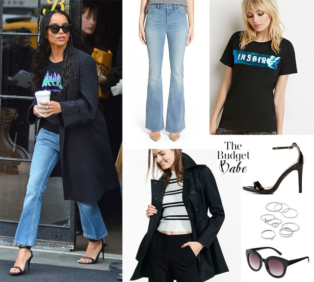 Zoe Kravitz's black trench and flare leg jeans look for less