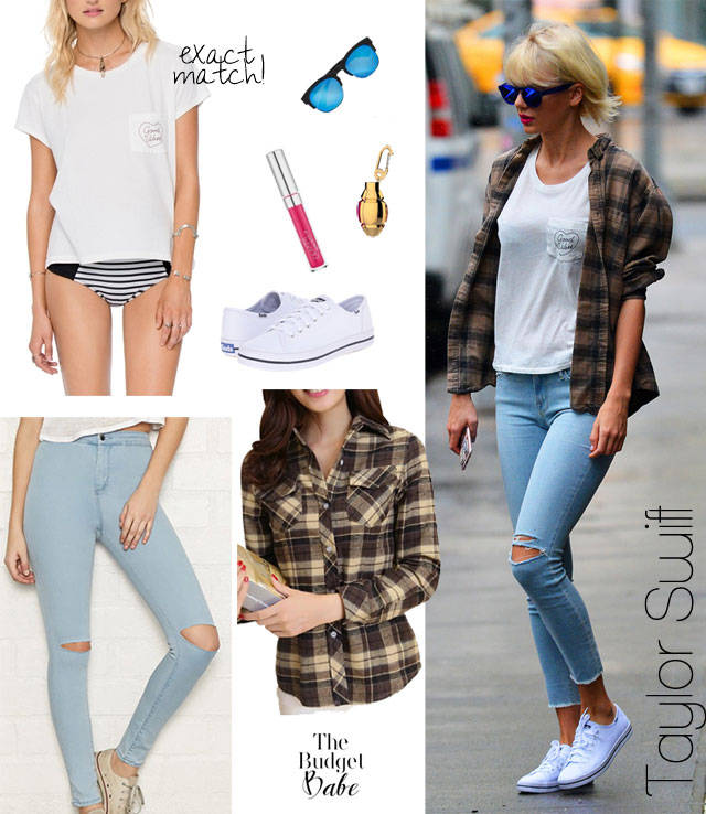 Taylor Swift casual style outfit idea with plaid shirt, ripped jeans and white sneakers