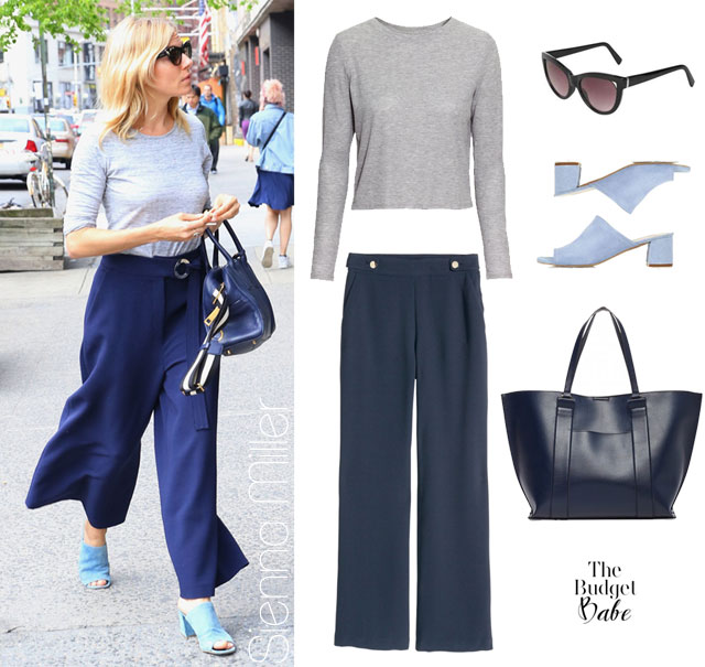 Love Sienna Miller fashion style? Try her blue high waist pants and mules look for less