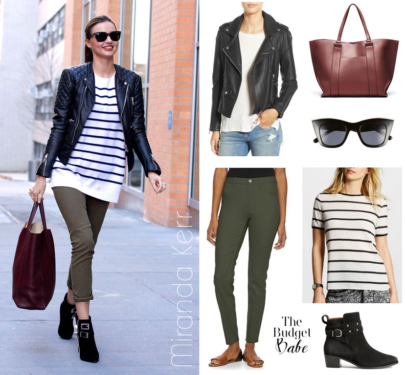 Get Miranda Kerr's moto jacket, striped sweater, olive pants and ankle boots look for less.