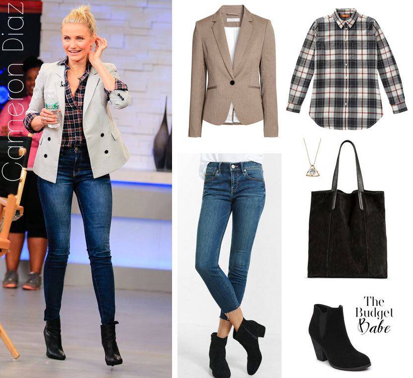 Cameron Diaz looks polished and put together in a tan blazer, plaid shirt, skinny jeans and ankle boots.
