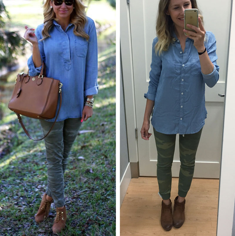 Mix chambray and camo print for a fun fall look.