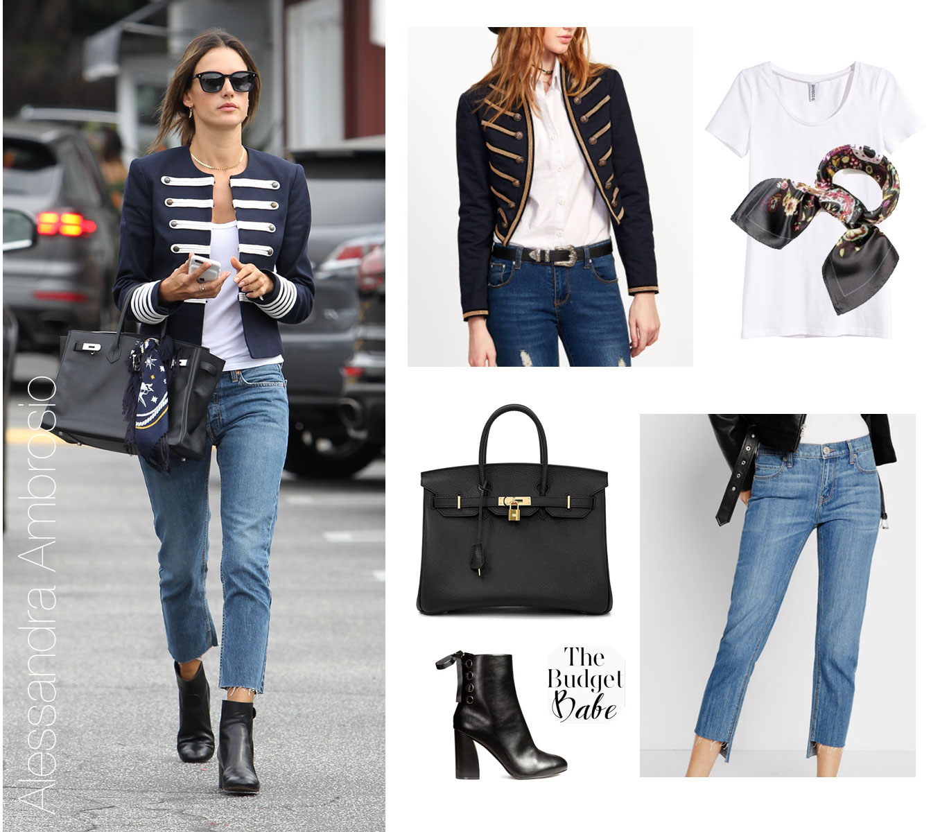 Alessandra Ambrosio wears a military band jacket with fray edge jeans and black ankle boots.