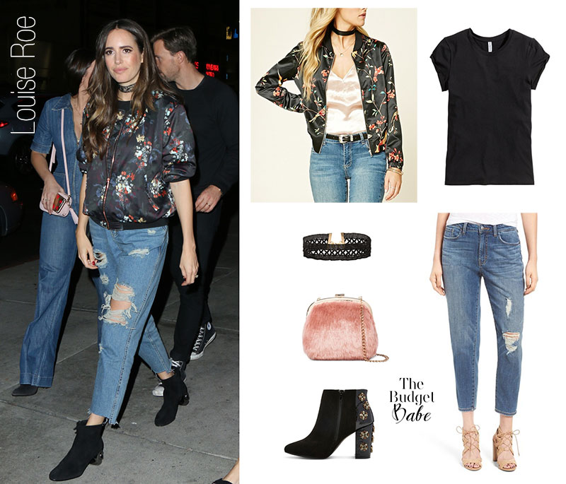 Louise Roe wears a floral bomber jacket, distressed boyfriend jeans and ankle boots.