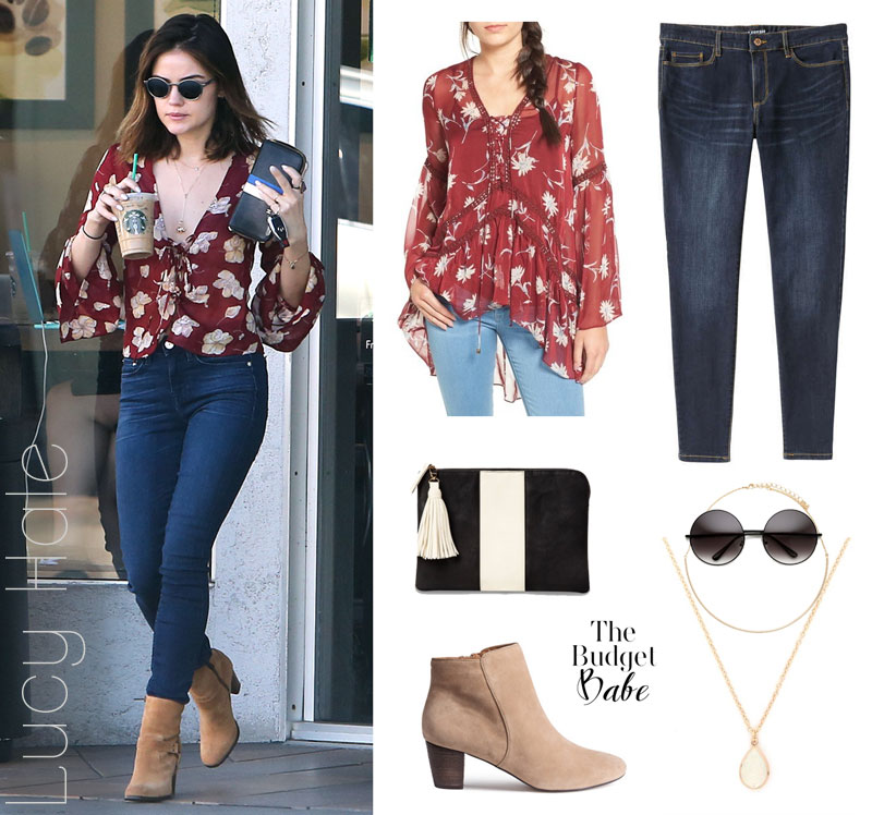 Lucy Hale looks cute and casual in a floral v-neck blouse, skinny jeans and tan ankle boots.