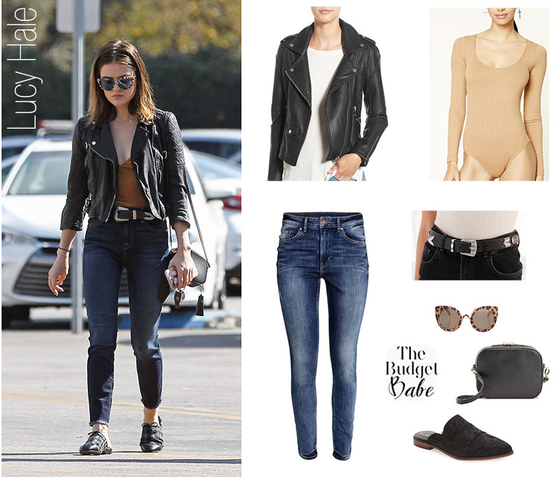 Lucy Hale wears a leather moto jacket and loafer mule slides.