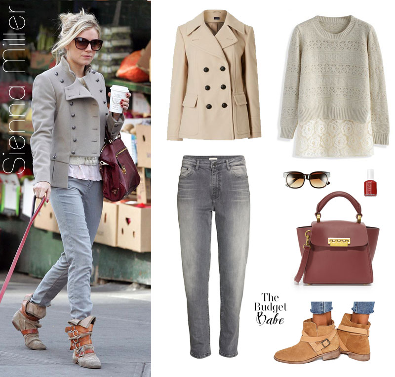 Sienna Miller wears a beige peacoat, gray jeans and buckle ankle boots while walking her dog.