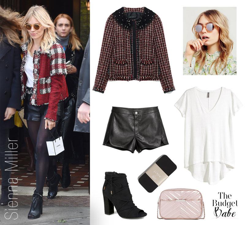 Sienna Miller wears a plaid tweed jacket with leather shorts and peep toe booties.