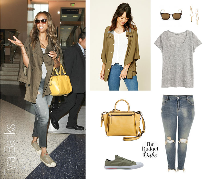 Tyra Banks wears a trench cape jacket and Converse sneakers while traveling.