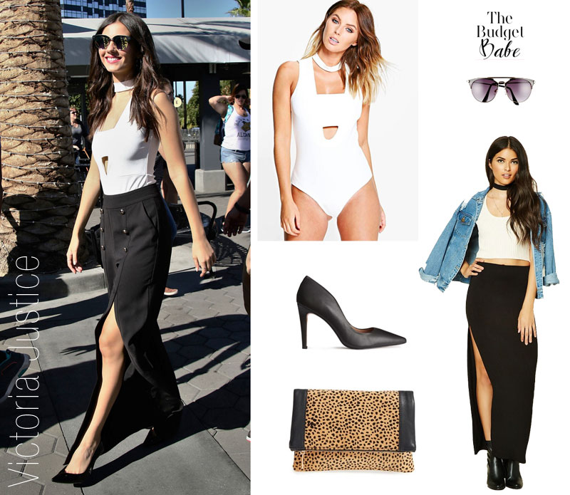 Steal Victoria Justice's fashion style with a choker top and split maxi skirt.