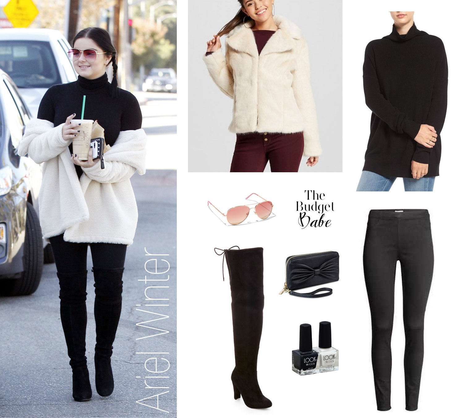 Ariel Winter wears an all black ensemble with a faux fur coat in ivory and over the knee boots.