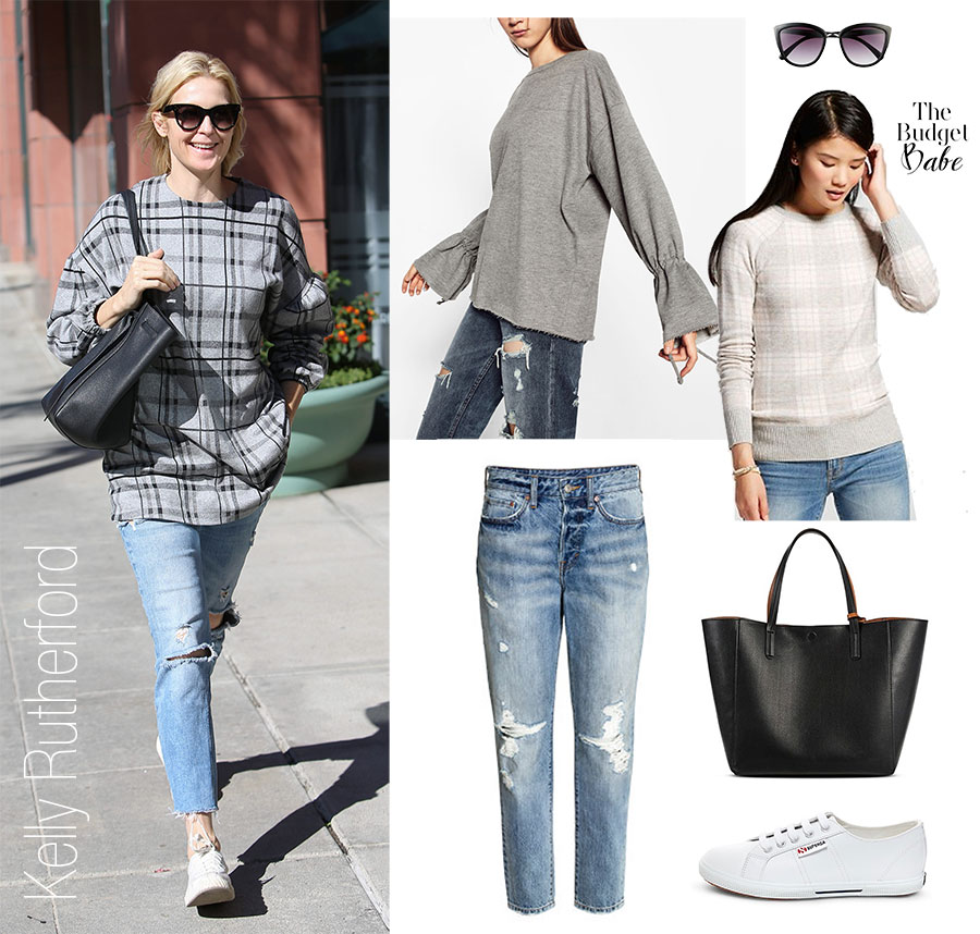 Kelly Rutherford's plaid sweatshirt and white sneakers look for less