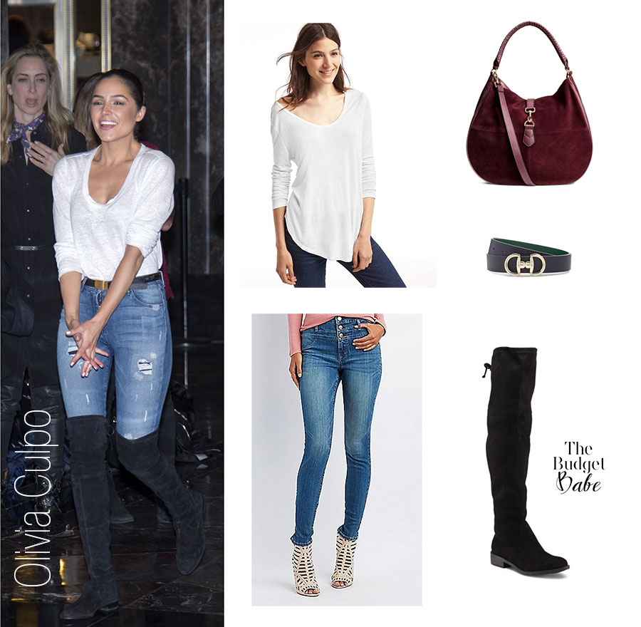 Olivia Culpo wears over the knee boots, a white top and high waist skinny jeans.