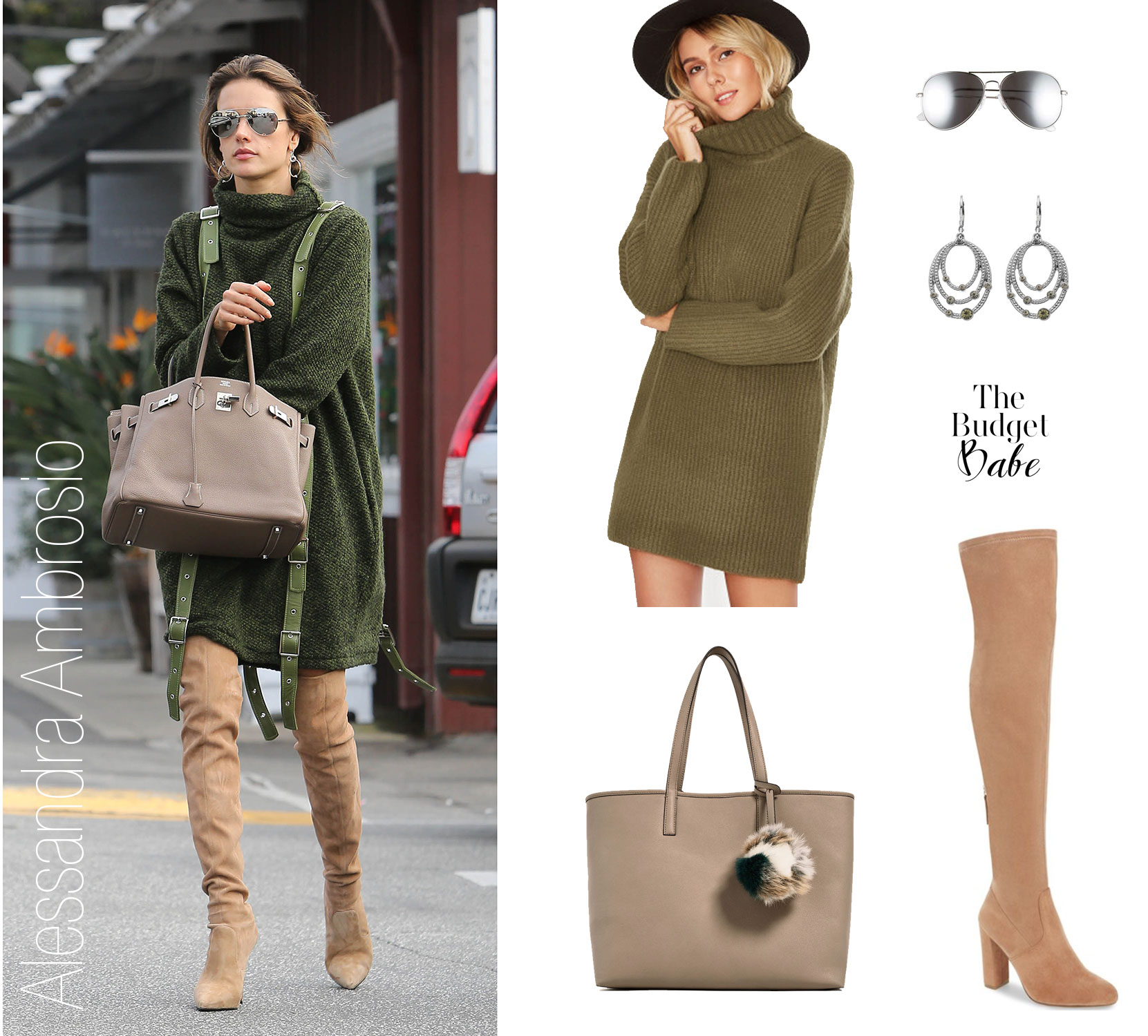 Shop Alessandra Ambrosio's turtleneck sweaterdress and over-the-knee boots look for less.