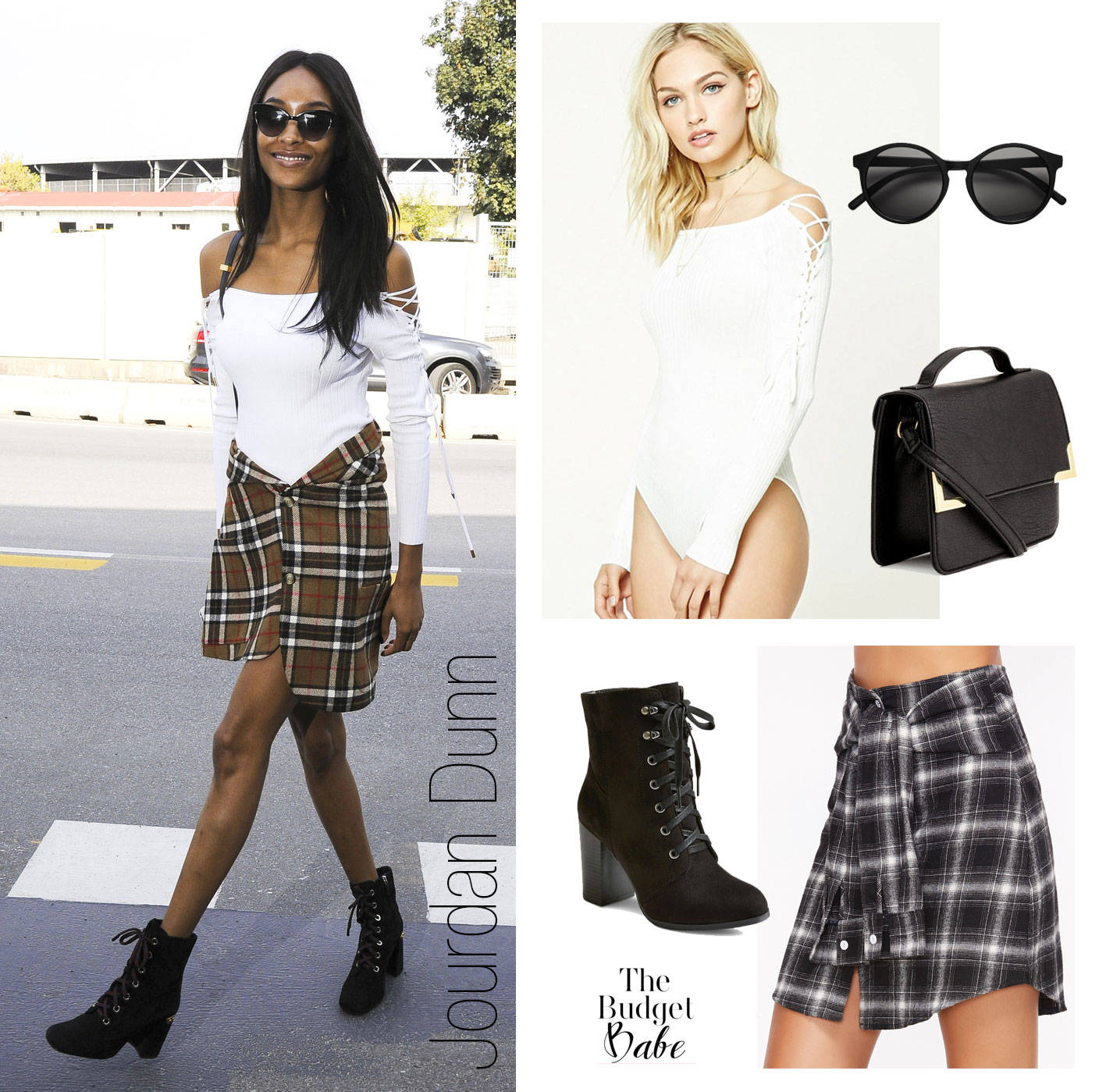 Get Jourdan Dunn's off-the-shoulder bodysuit and plaid skirt look for less.